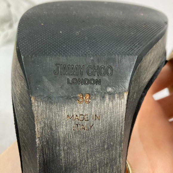 Jimmy Choo‎ Sandals Womens Sz 7.5 Black Gold Leather Strap Stiletto Heel Italy - Picture 7 of 10